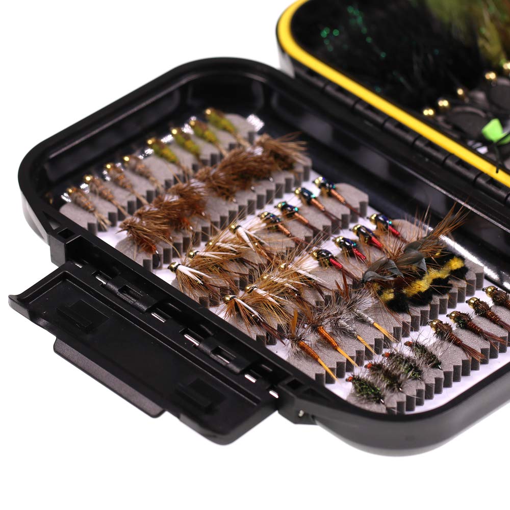 Wifreo Fly Fishing Flies Assortment with Waterproof Fly Box, 28/40/64/92/120pcs Dry/Wet/Nymph/Streamer Flies, Trout/Bass/Panfish/Salmon Fishing Flies