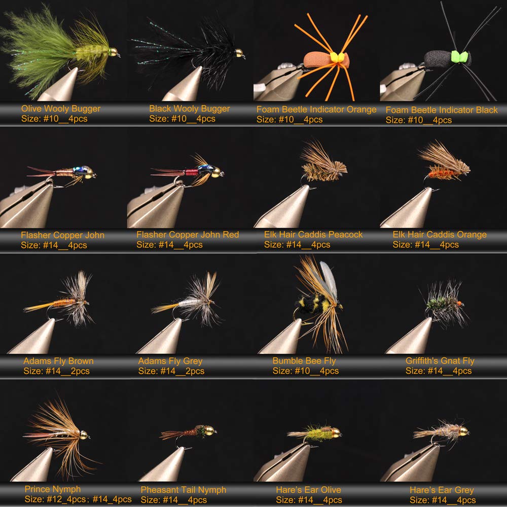 Wifreo Fly Fishing Flies Assortment with Waterproof Fly Box, 28/40/64/92/120pcs Dry/Wet/Nymph/Streamer Flies, Trout/Bass/Panfish/Salmon Fishing Flies