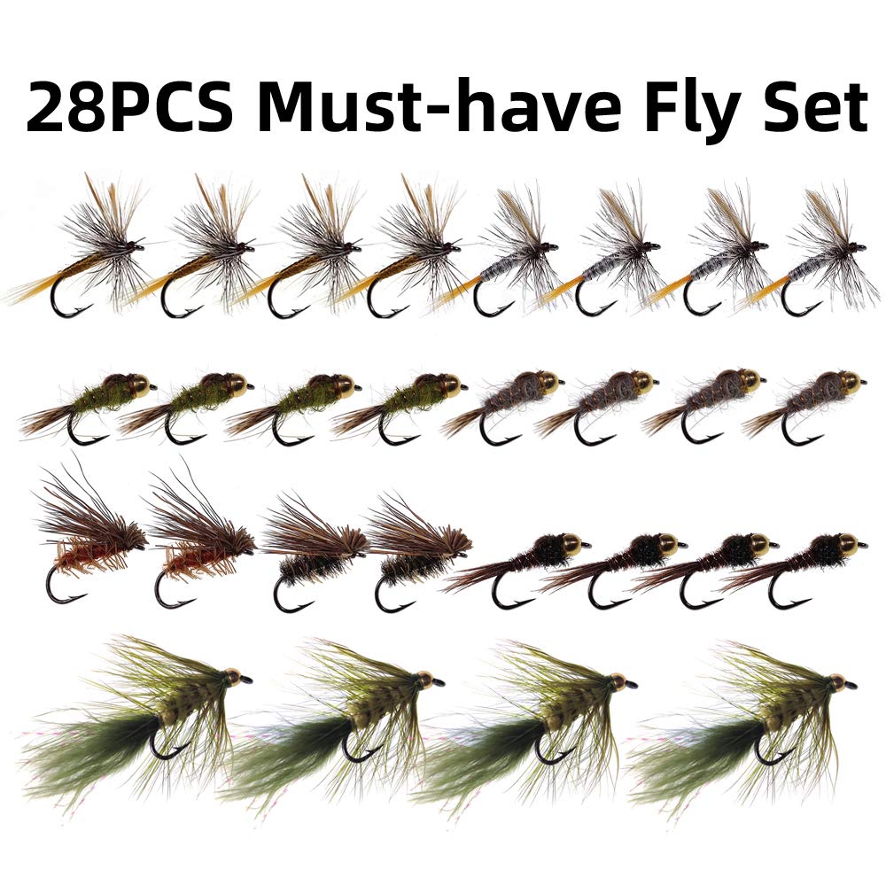 Wifreo Fly Fishing Flies Assortment with Waterproof Fly Box, 28/40/64/92/120pcs Dry/Wet/Nymph/Streamer Flies, Trout/Bass/Panfish/Salmon Fishing Flies