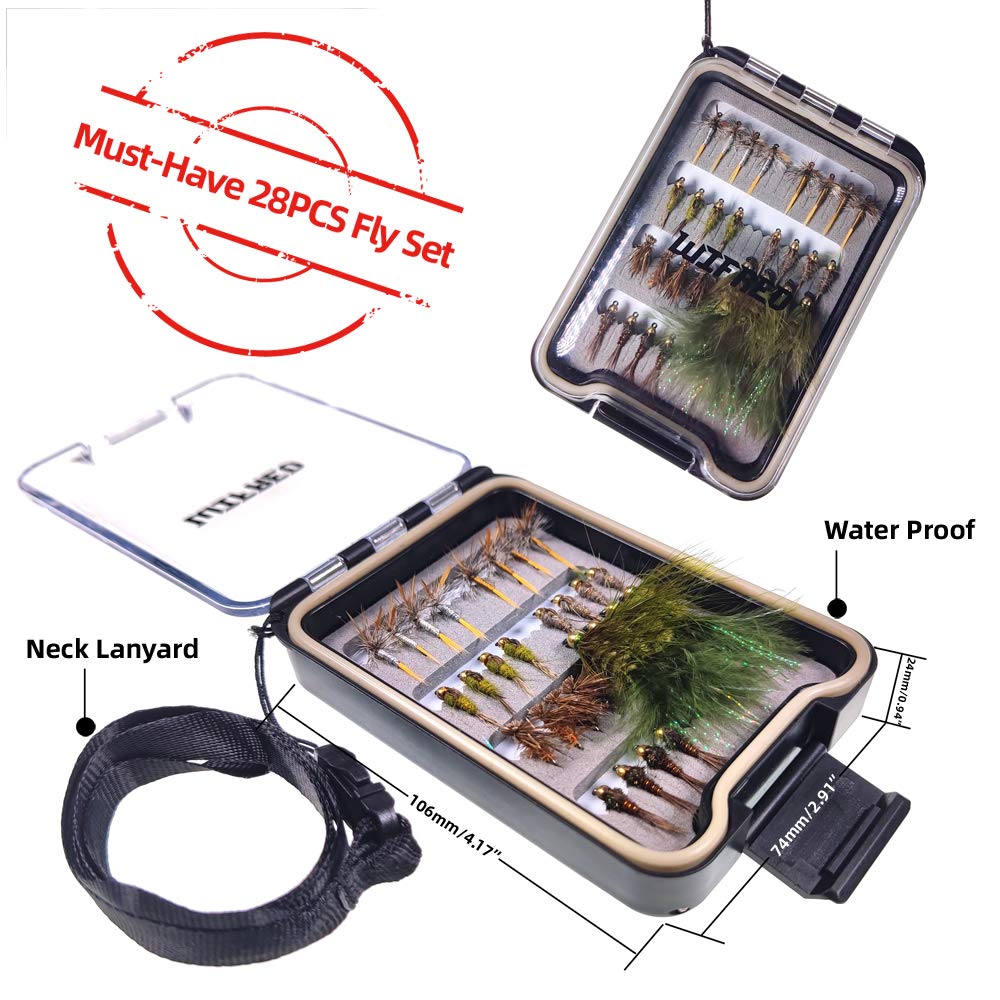 Wifreo Fly Fishing Flies Assortment with Waterproof Fly Box, 28/40/64/92/120pcs Dry/Wet/Nymph/Streamer Flies, Trout/Bass/Panfish/Salmon Fishing Flies