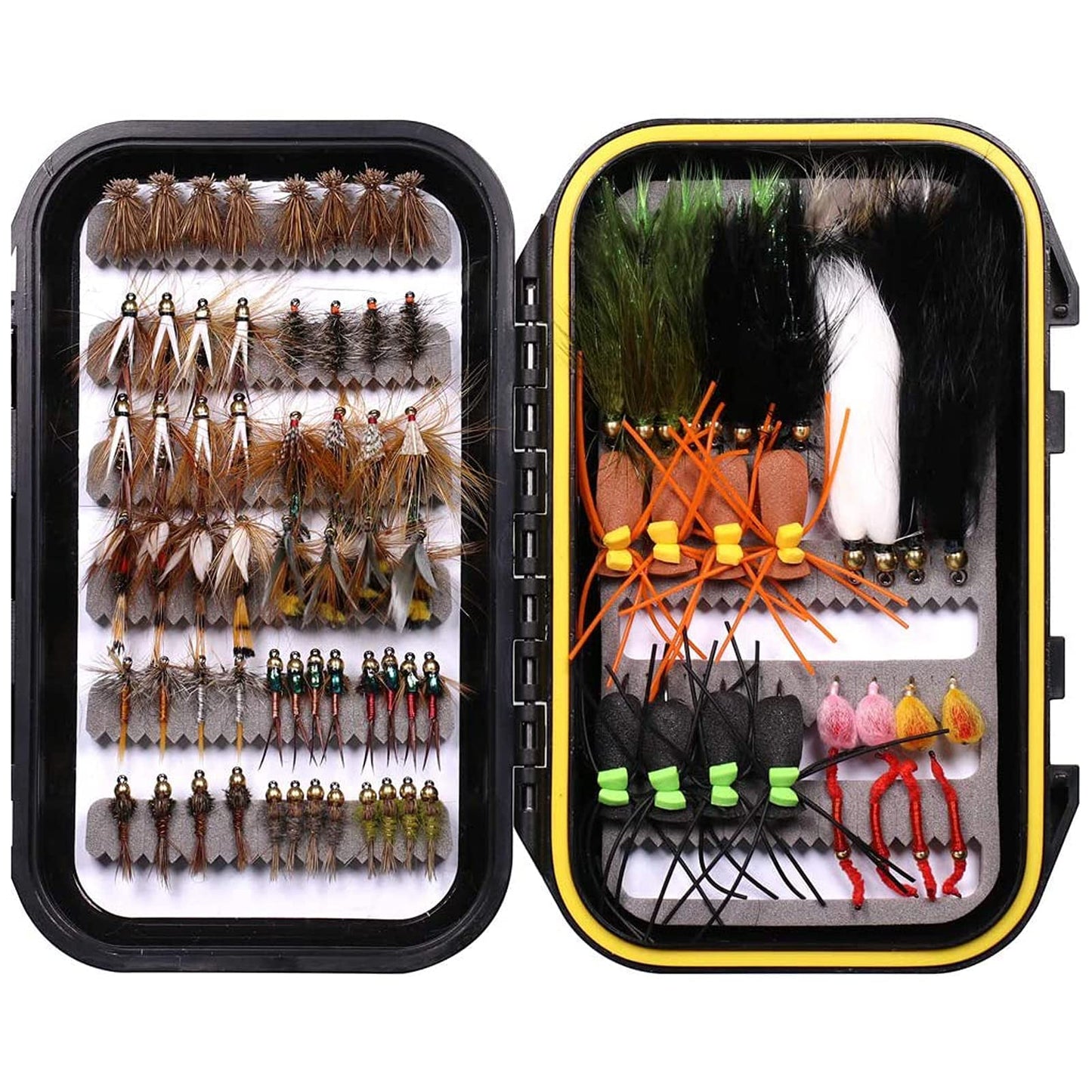 Wifreo Fly Fishing Flies Assortment with Waterproof Fly Box, 28/40/64/92/120pcs Dry/Wet/Nymph/Streamer Flies, Trout/Bass/Panfish/Salmon Fishing Flies