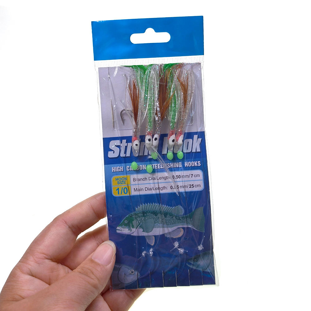 #1/0 5 Hooks per Pack Sabiki Rig with Soft Octopus Lures, Glow Beads and Feathers - Saltwater Fishing Lure Set for Bass and Snapper