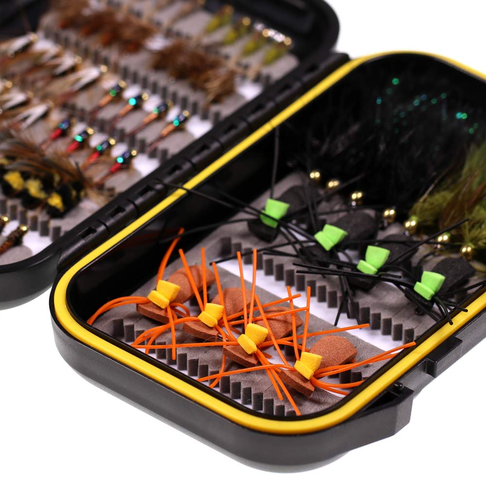 Wifreo Fly Fishing Flies Assortment with Waterproof Fly Box, 28/40/64/92/120pcs Dry/Wet/Nymph/Streamer Flies, Trout/Bass/Panfish/Salmon Fishing Flies