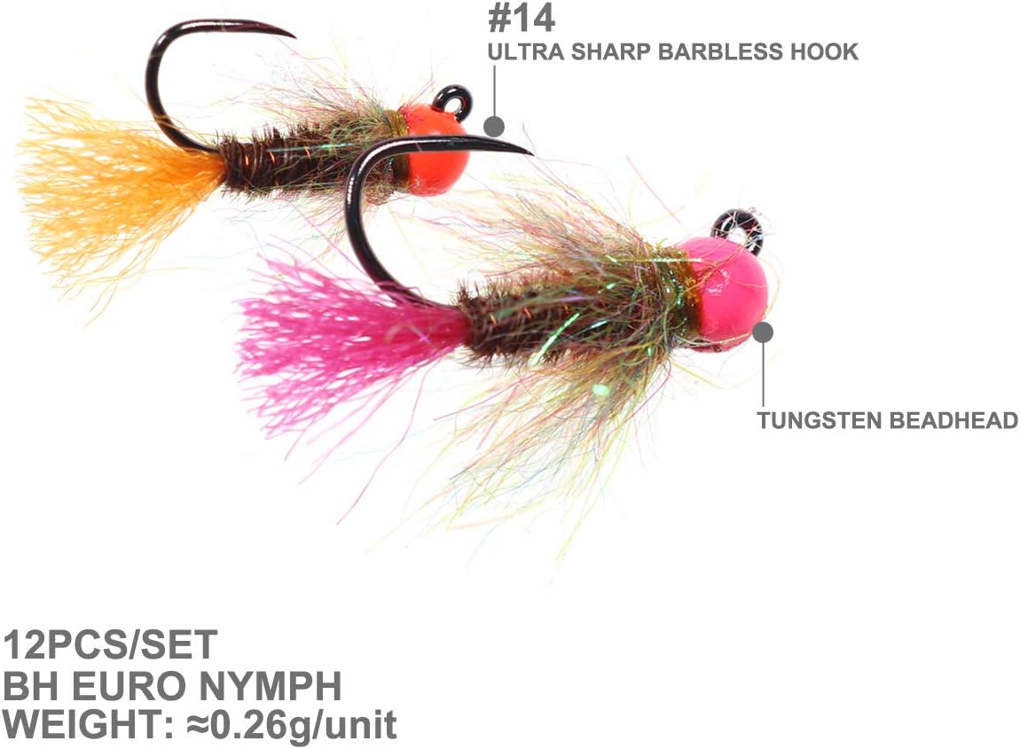 12pcs Tungsten Bead Nymph Jig Fly Assortment Euro Nymphing