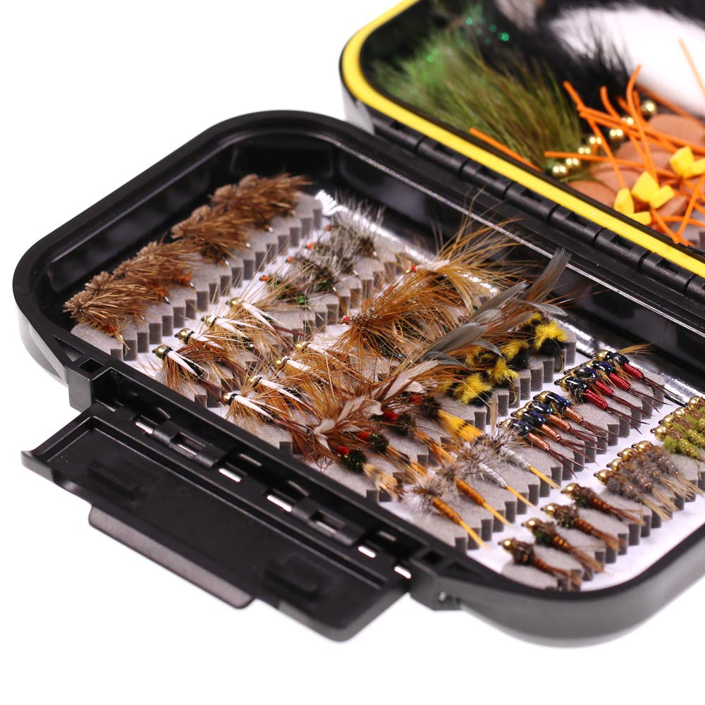 Wifreo Fly Fishing Flies Assortment with Waterproof Fly Box, 28/40/64/92/120pcs Dry/Wet/Nymph/Streamer Flies, Trout/Bass/Panfish/Salmon Fishing Flies