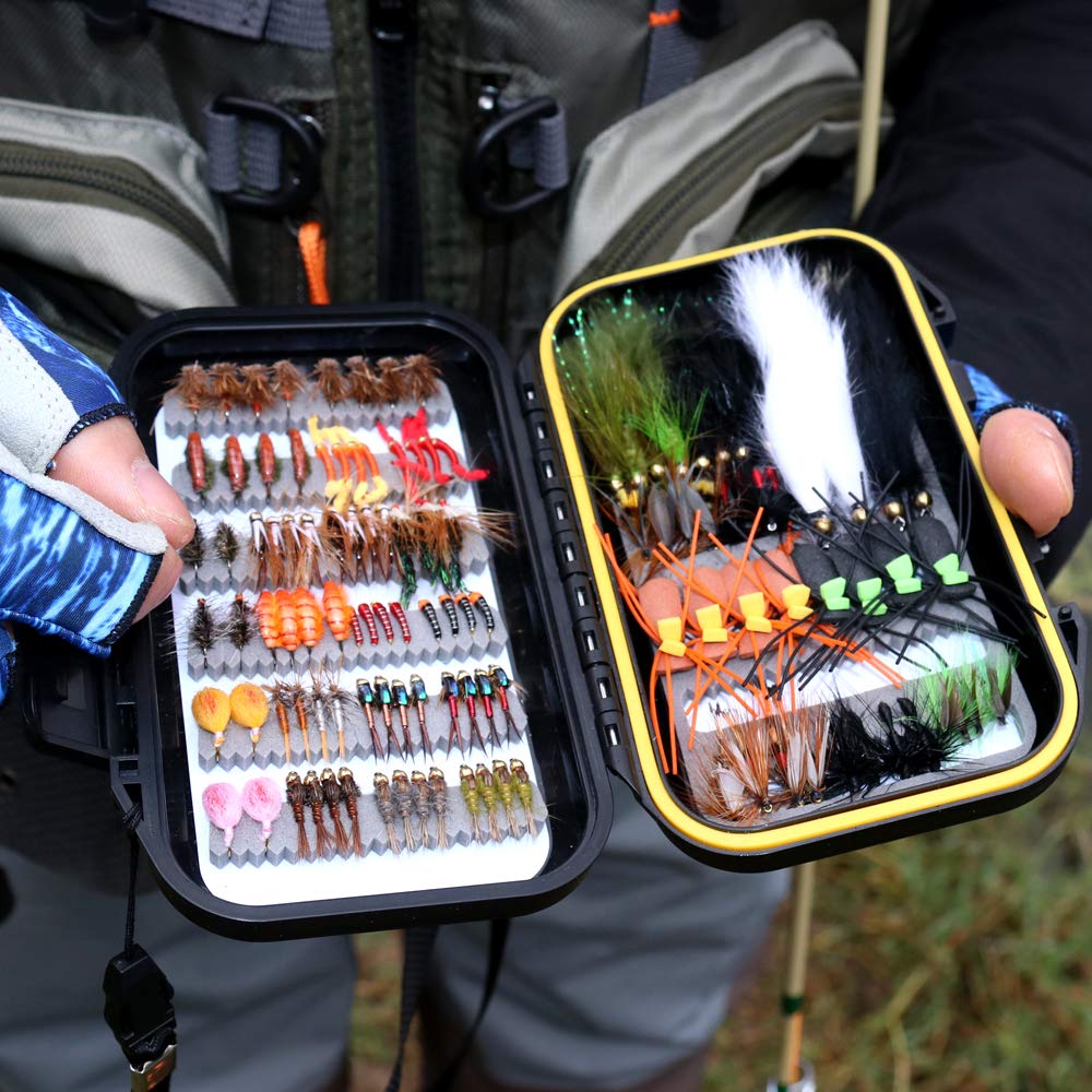 Wifreo Fly Fishing Flies Assortment with Waterproof Fly Box, 28/40/64/92/120pcs Dry/Wet/Nymph/Streamer Flies, Trout/Bass/Panfish/Salmon Fishing Flies