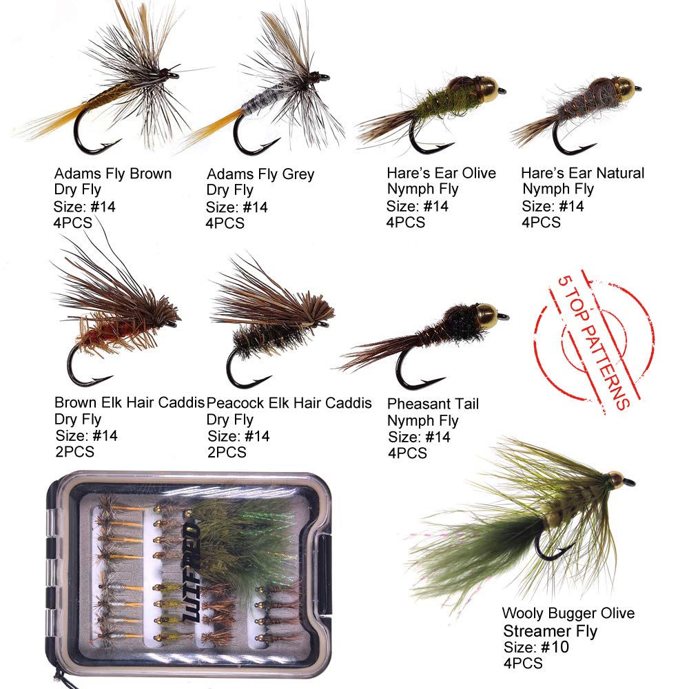 Wifreo Fly Fishing Flies Assortment with Waterproof Fly Box, 28/40/64/92/120pcs Dry/Wet/Nymph/Streamer Flies, Trout/Bass/Panfish/Salmon Fishing Flies