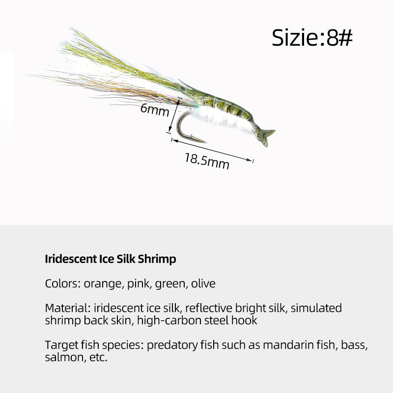 Iridescent Luminous Ice Silk Shrimp Lure with Fly Hook for Freshwater and Saltwater Fishing of Bass Mandarin Fish Salmon