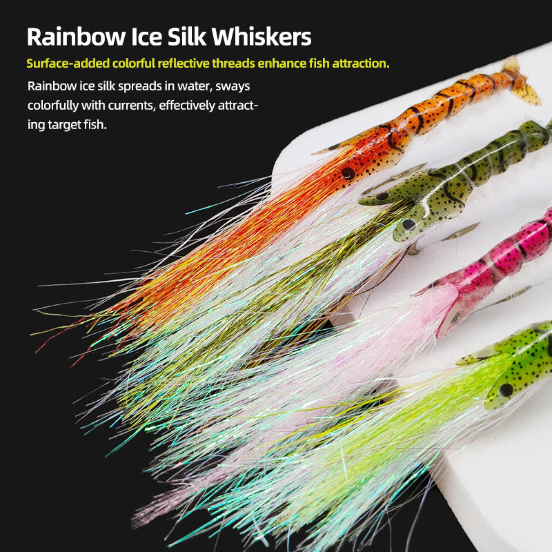 Iridescent Luminous Ice Silk Shrimp Lure with Fly Hook for Freshwater and Saltwater Fishing of Bass Mandarin Fish Salmon