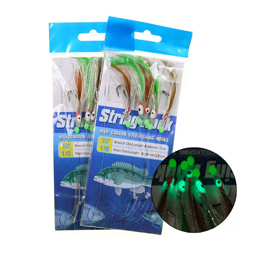 #1/0 5 Hooks per Pack Sabiki Rig with Soft Octopus Lures, Glow Beads and Feathers - Saltwater Fishing Lure Set for Bass and Snapper