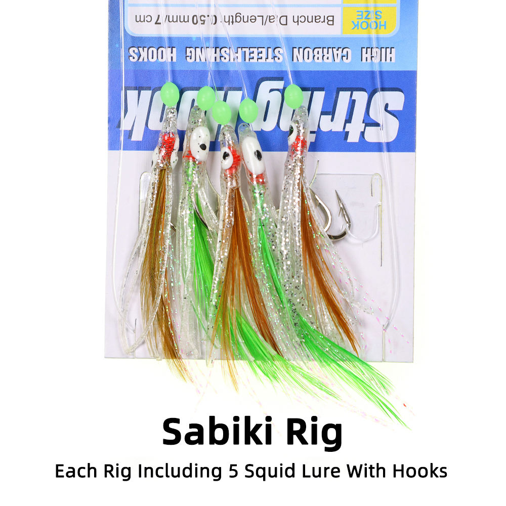 #1/0 5 Hooks per Pack Sabiki Rig with Soft Octopus Lures, Glow Beads and Feathers - Saltwater Fishing Lure Set for Bass and Snapper