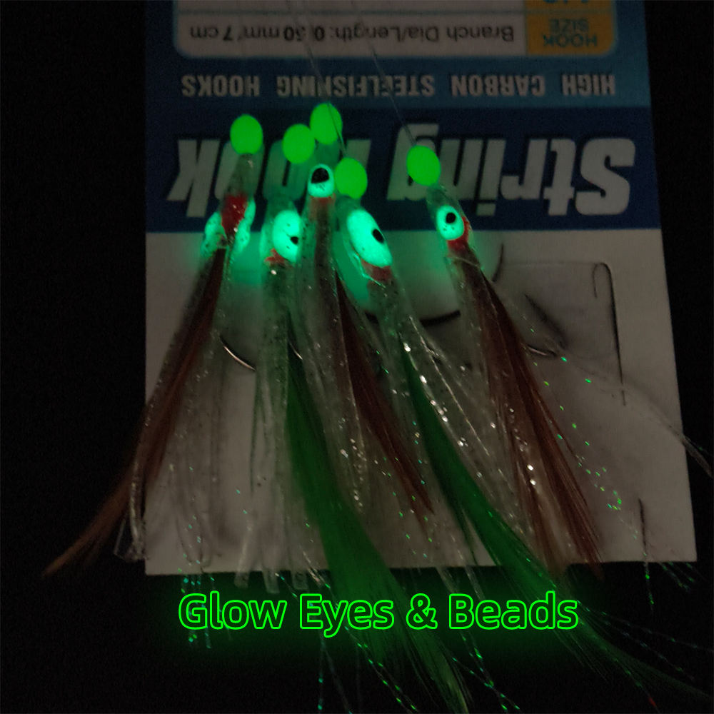 #1/0 5 Hooks per Pack Sabiki Rig with Soft Octopus Lures, Glow Beads and Feathers - Saltwater Fishing Lure Set for Bass and Snapper