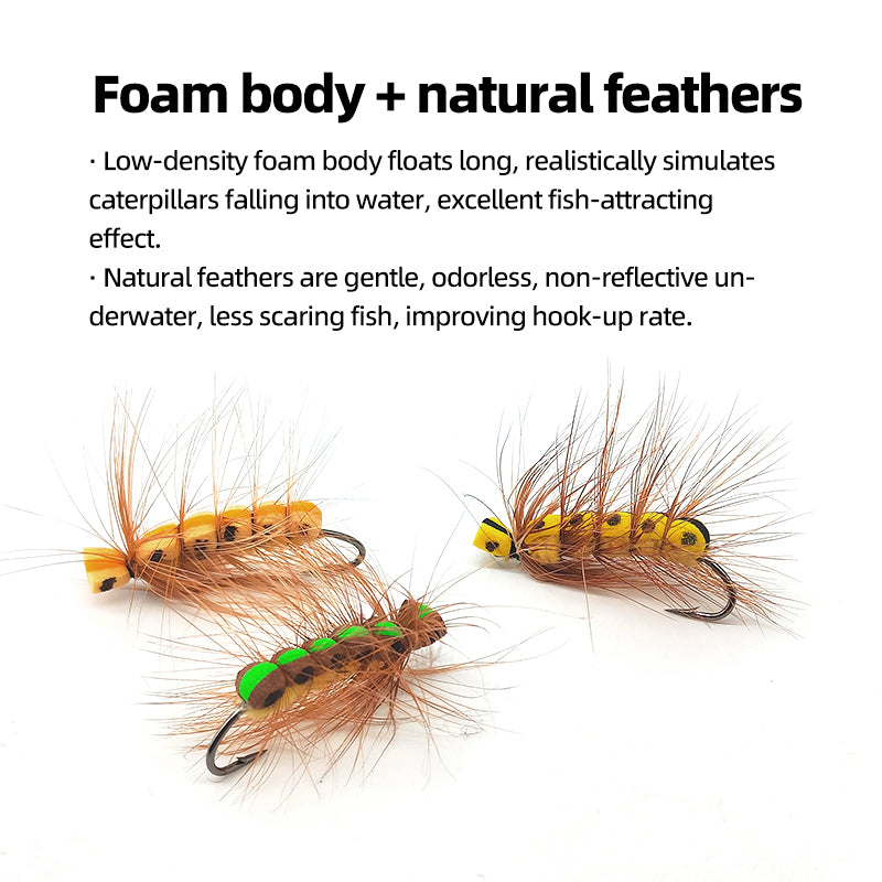 Bionic Artificial Dry Fly Lure Foam Floating Caterpillar Fly Hook for Fly Fishing Attracts Freshwater Fish Rivers Lakes